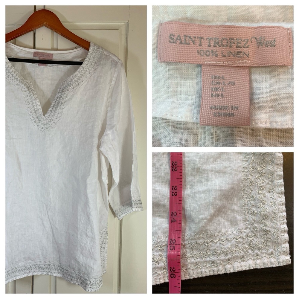 Saint Tropez West White 100% Linen Silver Embroidered Tunic Top Size Large